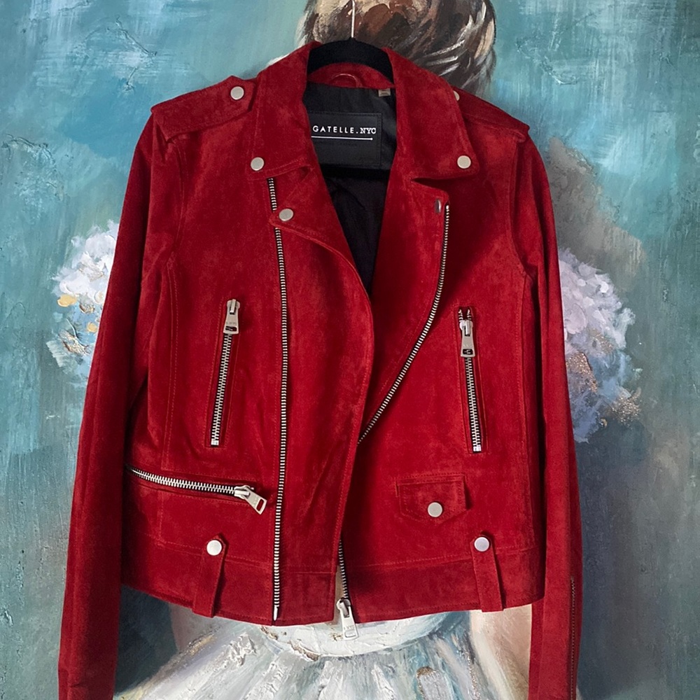 Red genuine suede biker jacket